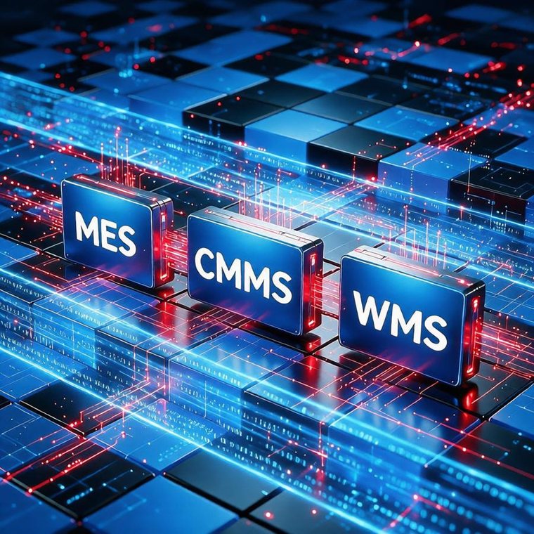 MES / CMMS / WMS：三大系统数据互联示意
